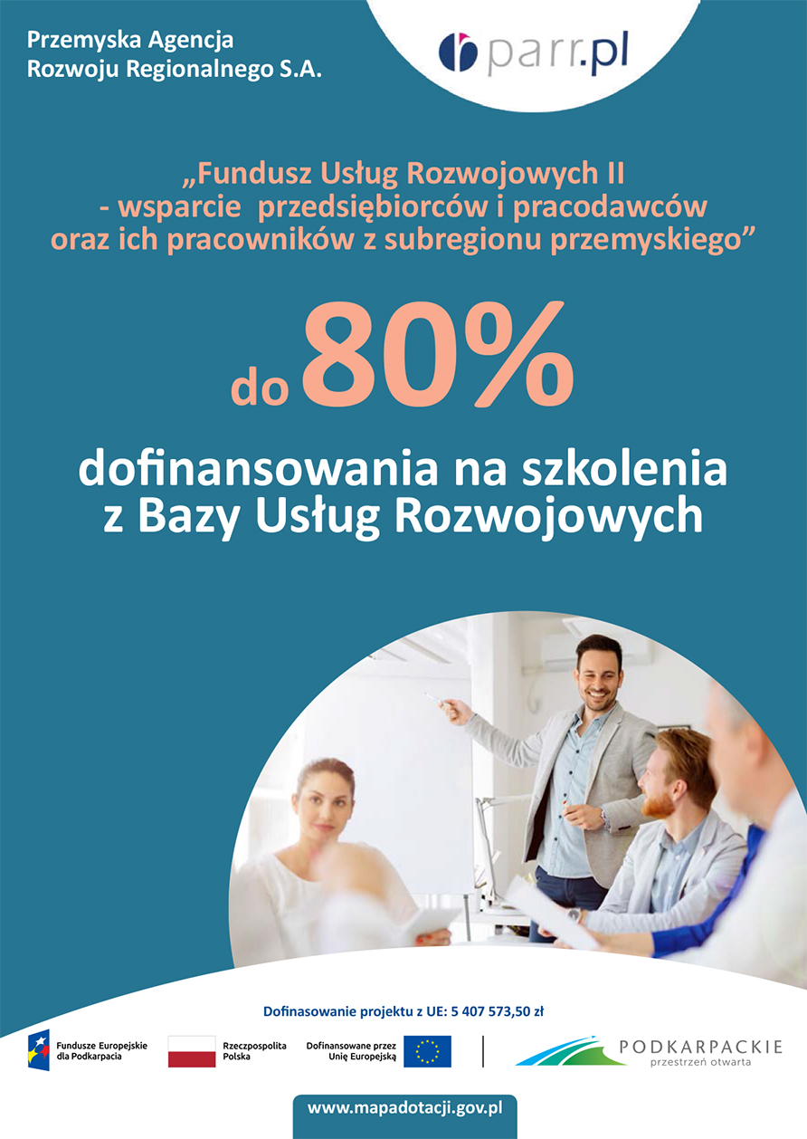 Plakat „Fundusz Usług Rozwojowych II” dofinasowanie na kursy i szkolenia